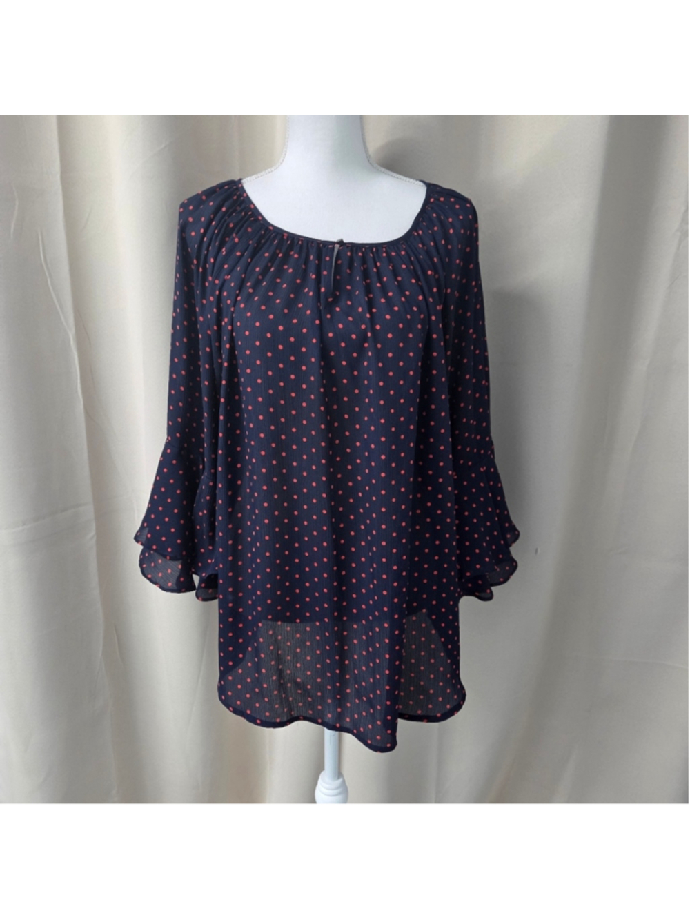 Chaps Dark Blue Sheer Top with Red Dots Size 2X